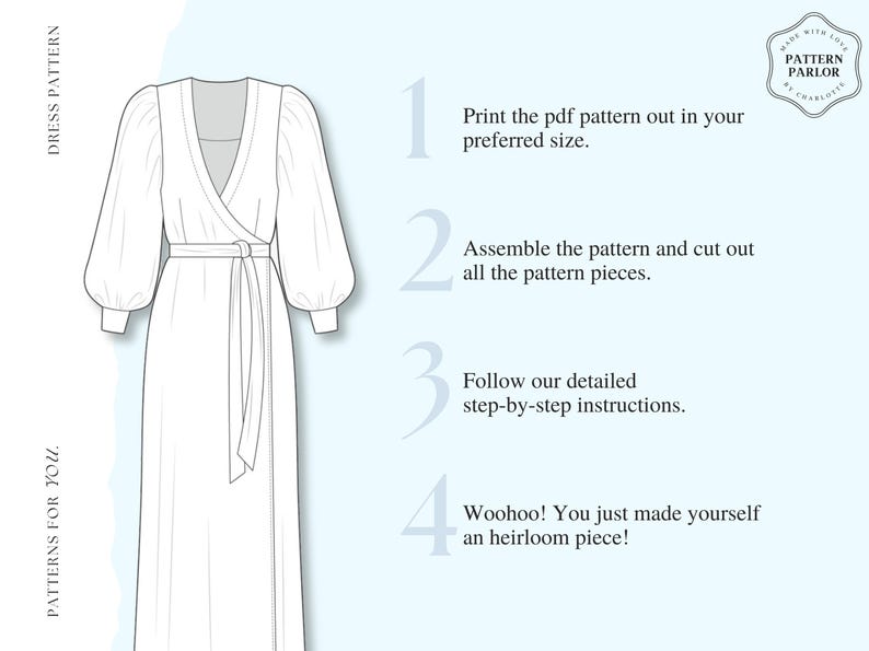 Instructions on how to download and construct 70s inspired wrap dress