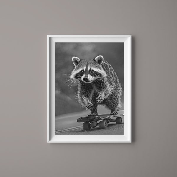 Skating Racoon - Black and White Animal Poster Wall Art Print Home Decor Premium - Poster auf mattem Papier