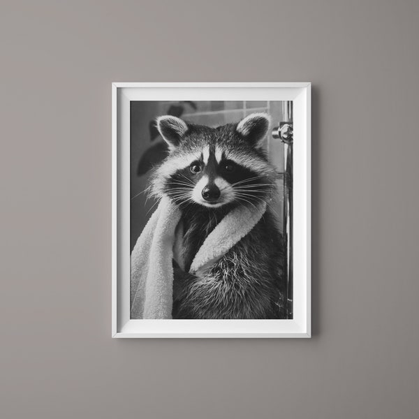 Racoon Shower - Black and White Animal Poster Wall Art Print Home Decor Premium - Poster auf mattem Papier