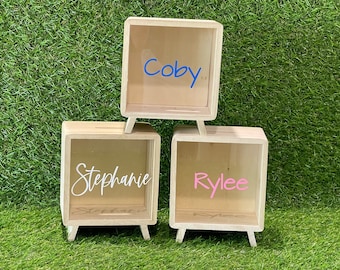 Personalised Square Wooden Money Box • Gift Idea • Piggy Bank • Custom Names • Vinyl Craft • Occassions