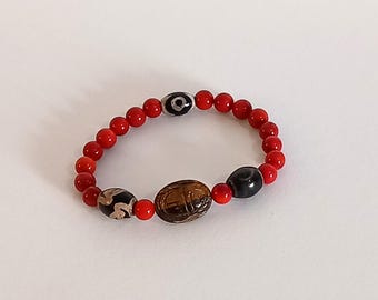 Genuine gemstone bracelet with Dzi stones, Tibetan lucky charm and lucky scarab with real coral