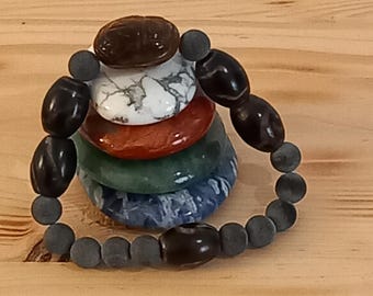 Genuine gemstone bracelet with Dzi stones, Tibetan lucky charm, something very special, 2 eye stones, lucky scarab and onyx