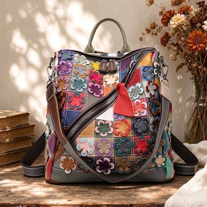 handmade floral patchwork genuine leather backpack, colorful flower tote rucksack, unique gift for boho women