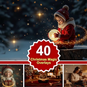 Könnte beinhalten: Ein Kind in einem roten Mantel und Hut hält eine leuchtende Kugel, mit einem magischen Lichtpfad. Das Bild spielt in einem verschneiten Wald mit funkelnden Lichtern. Der Text "40 Christmas Magic Overlays" ist enthalten.