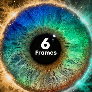Puede incluir: Ilustración digital de un ojo con una paleta de colores vibrantes. El iris transita del azul al verde y al marrón, con el texto "6 Frames" en blanco dentro de la pupila negra. La imagen tiene un efecto cósmico y brillante.