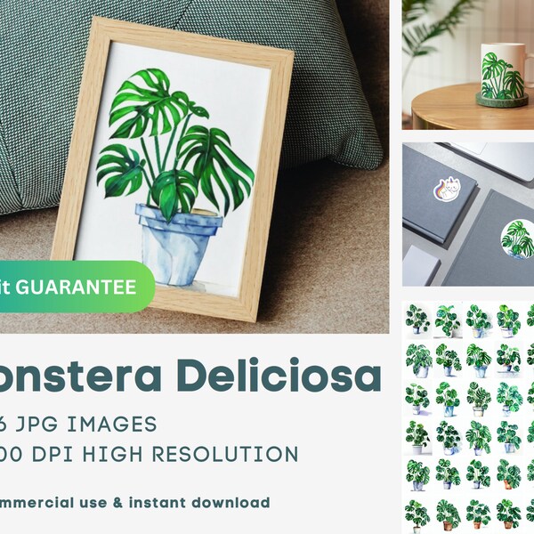 Monstera Deliciosa Watercolor Art Print PNG Bundle Plant | 36 Premium Images | High-Resolution Instant Download Commercial Use