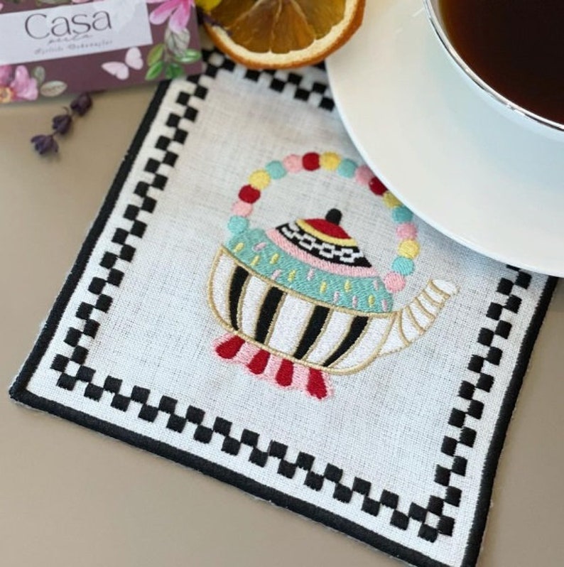 Decorative Cocktail Napkins, Black White, Colorful Teapot Embroidered