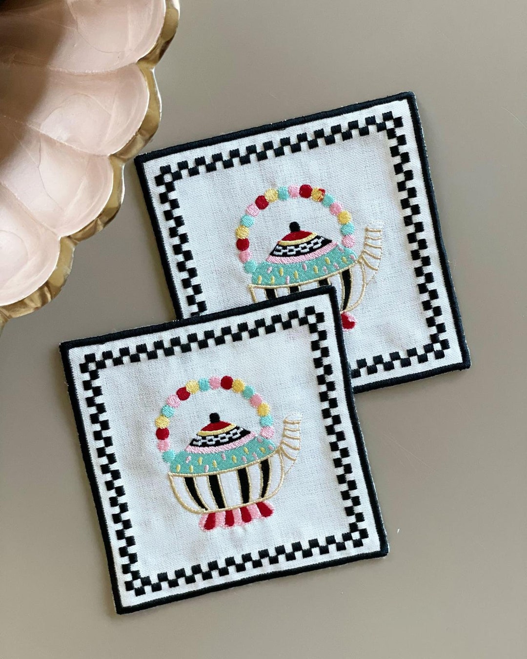 Decorative Cocktail Napkins, Black White, Colorful Teapot Embroidered
