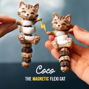 May include: Two brown and white cat figurines with segmented bodies and magnetic joints. The text "Coco THE MAGNETIC FLEXI CAT" is displayed below the figurines. The cats have smiling faces and are posed with arms outstretched.
