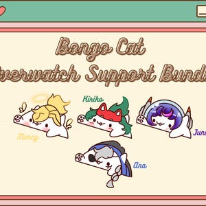 Puede incluir: Una ilustración digital de cinco gatos de dibujos animados vestidos como personajes de apoyo de Overwatch. Los gatos se llaman Mercy, Kiriko, Ana, Juno y Mercy. La imagen está en una ventana de navegador con un título que dice "Bongo Cat Overwatch Support Bundle".