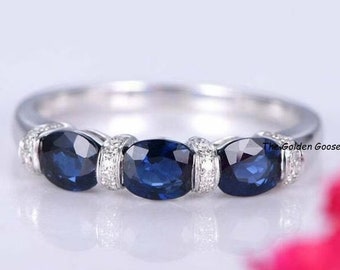 1.50 CT Blue Sapphire Oval Cut Diamond Ring,Women Three Stone Wedding Ring, 925 Silver Finish Ring,Simulated Diamond Ring, Oval 3 Stone Ring