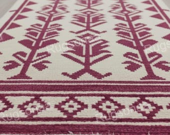 Burgundy Wool Rug, Tribal Geometric Hallway Runner, Hand knotted rug