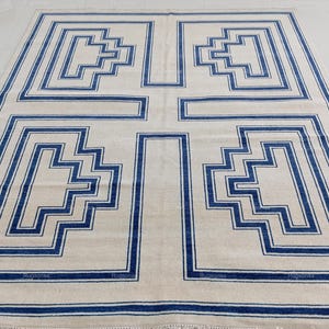 Alfombra Oushak azul y beige, de lana anudada a mano, decoración turca vintage