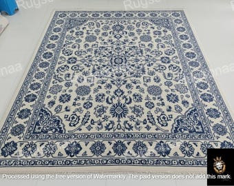 Hand Knotted Oushak Wool Rug, 5x8 Blue Ivory Vintage  Area Rug