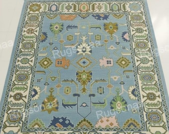 Hand Knotted Wool Rug Blue Ivory Moroccan Boho Tribal Persian Area Carpet