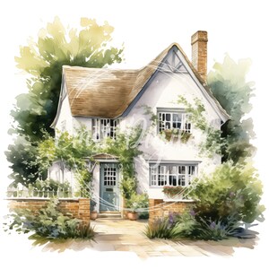 May include: Watercolor illustration of a charming white cottage with a brown roof, blue door, and brick chimney. Lush greenery surrounds the house, with climbing vines and flowering plants. A stone path leads to the entrance.