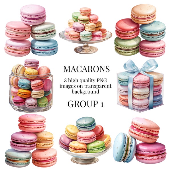 Clipart macaron | PNG transparents | Illustration aquarelle de haute qualité | Desserts français, pâtisseries, gâteaux, créations artisanales | Téléchargement numérique