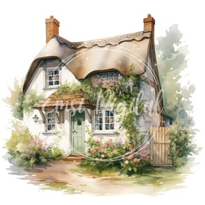 May include: Watercolor illustration of a charming cottage with a thatched roof, surrounded by lush greenery and pink flowers. The cottage has a green door and windows, with a brick chimney. The overall style is soft and inviting.