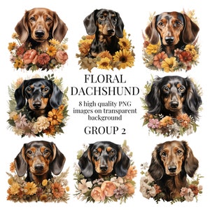 Blumen Dackel Clipart | Transparentes PNG | Aquarell Hund Illustration | Welpe Designs, Papier basteln, Wursthund | Digitaler Download