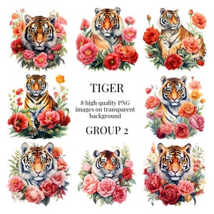 Floral Tiger Clipart | High-Quality Transparent PNG | Watercolor Jungle Illustration | DIY Paper Crafts, Flowers | Instant Digital Download