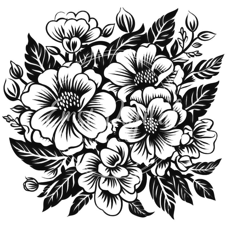 May include: Black and white illustration of a bouquet of flowers with intricate details. The flowers are arranged in a cluster with leaves and stems.