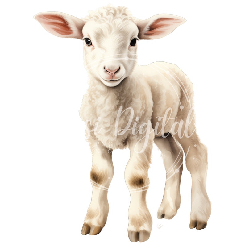 May include: A white lamb with brown markings on its legs stands on a white background. The lamb has a fluffy white coat and is looking directly at the camera.