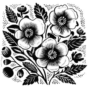 May include: Black and white illustration of a bouquet of flowers with large, stylized blossoms and leaves. The flowers have a simple, elegant design.