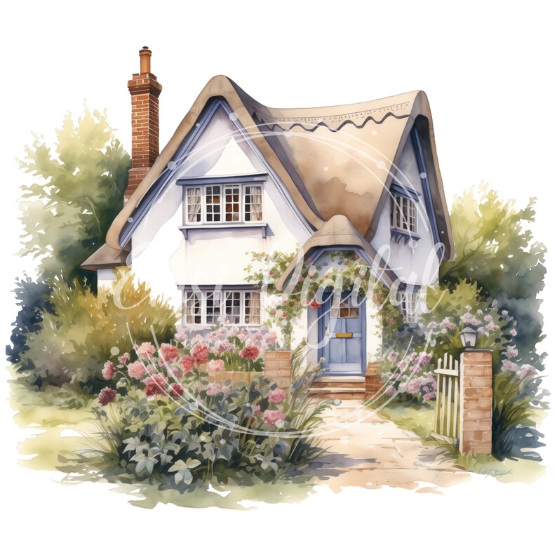 May include: Watercolor illustration of a charming cottage with a thatched roof, white walls, and blue door. The cottage is surrounded by lush greenery, pink flowers, and a brick pathway leading to the entrance. A cozy and inviting scene.
