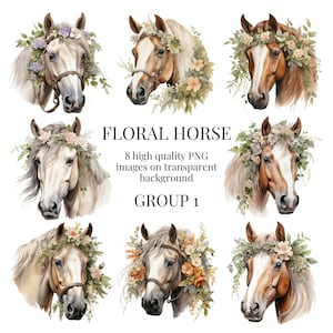 Floral Horse Clipart | High-Quality Transparent PNG | Watercolor Illustration | Card Making, Digital Paper Craft | Instant Digital Download