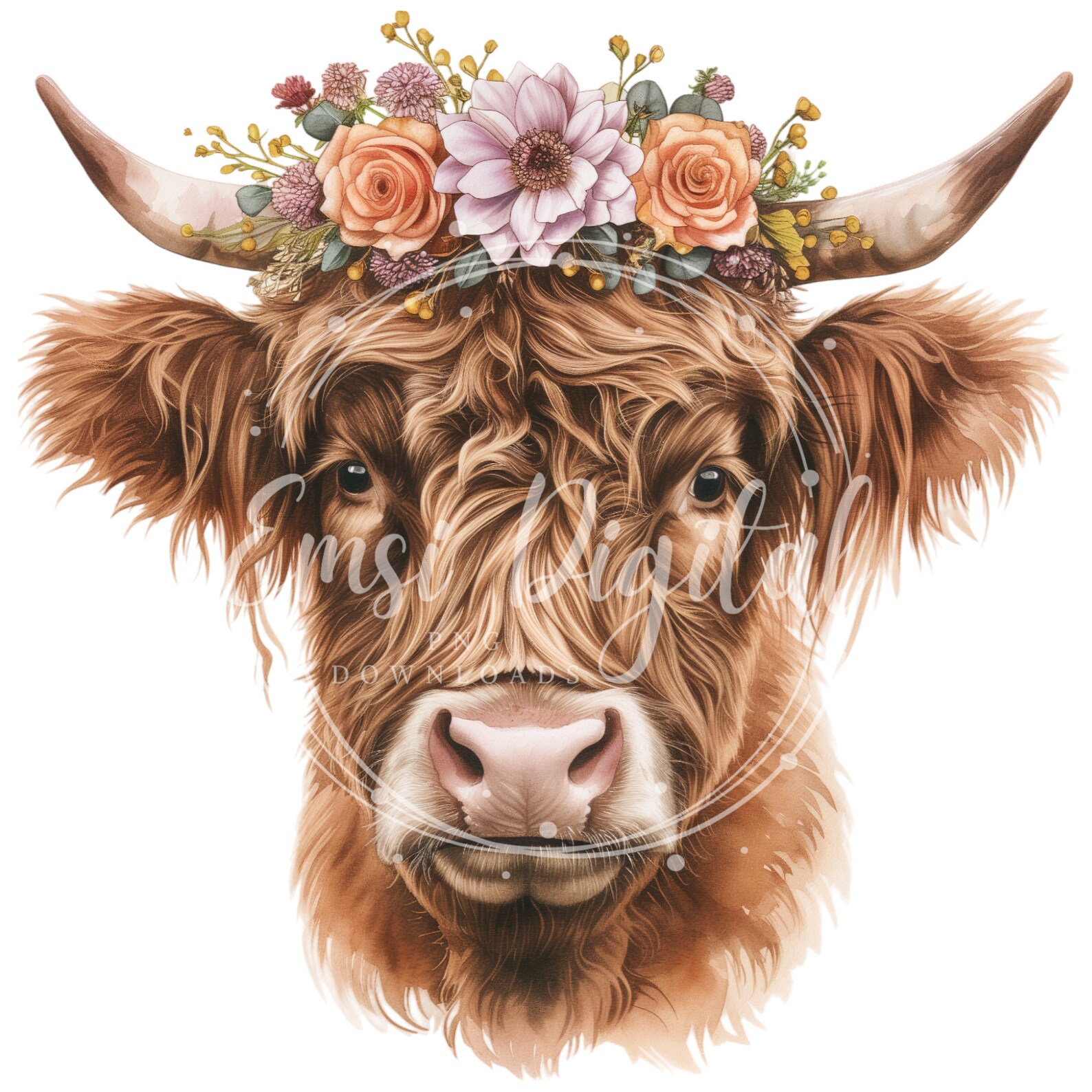 Floral Highland Cow Clipart | High-quality Transparent PNG | Watercolor ...
