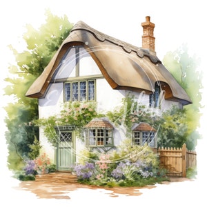 May include: Watercolor illustration of a charming cottage with a thatched roof, surrounded by lush greenery and colorful flowers. The white house has green trim, a brick chimney, and a wooden fence. The image has a soft, inviting aesthetic.