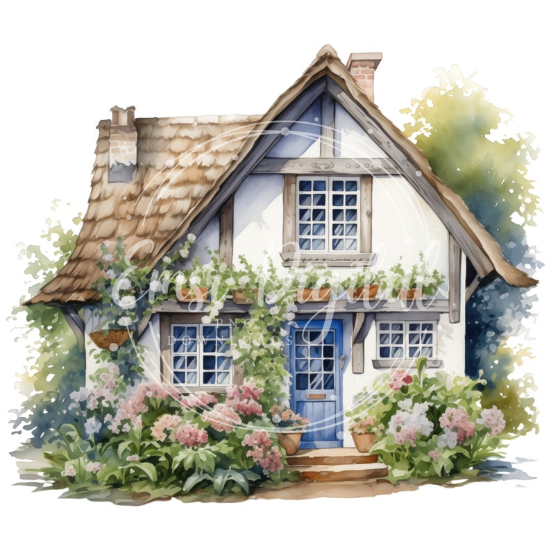 May include: Watercolor illustration of a charming cottage with a brown thatched roof, white walls, and a blue door. The cottage is surrounded by lush greenery and pink and white flowers, creating a picturesque scene.