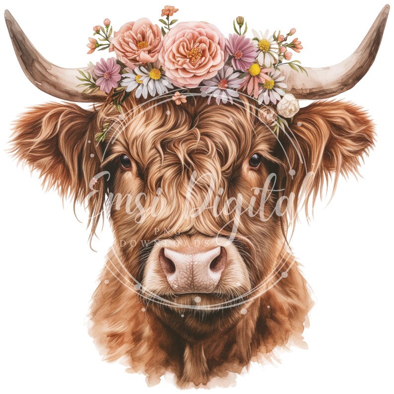 Floral Highland Cow Clipart | High-quality Transparent PNG | Watercolor ...
