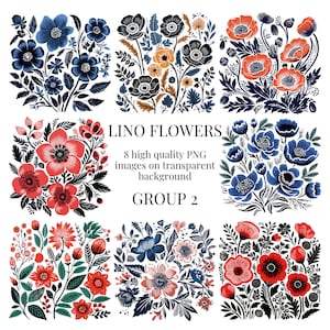 Clipart fleur imprimé lino | PNG transparents | Illustration aquarelle de haute qualité | Artisanat botanique en papier | Téléchargement numérique instantané