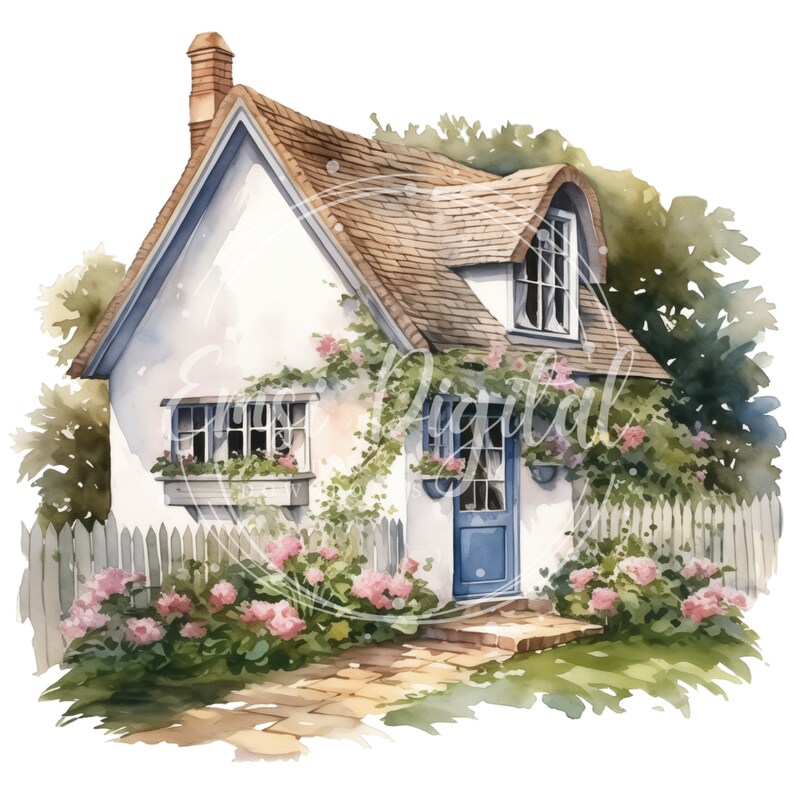 May include: Watercolor illustration of a charming cottage with a white exterior, brown roof, and blue door. Pink roses and green foliage adorn the cottage and a white picket fence. A brick pathway leads to the entrance.