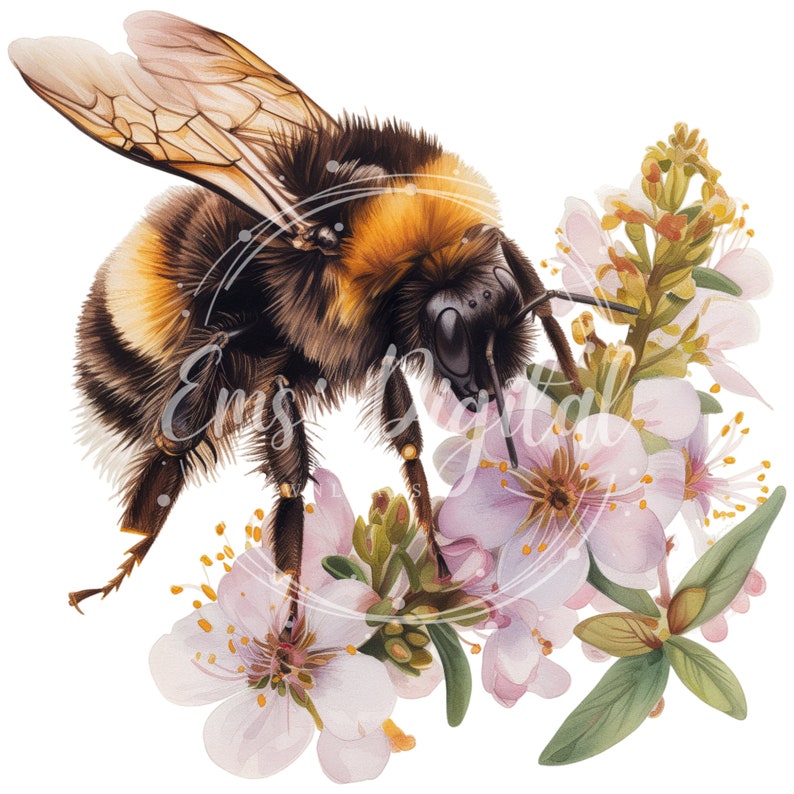 May include: A close-up of a bumblebee with black and yellow stripes, collecting pollen from pink and white flowers. The bee has fuzzy black and yellow stripes and is perched on a cluster of delicate pink and white flowers.