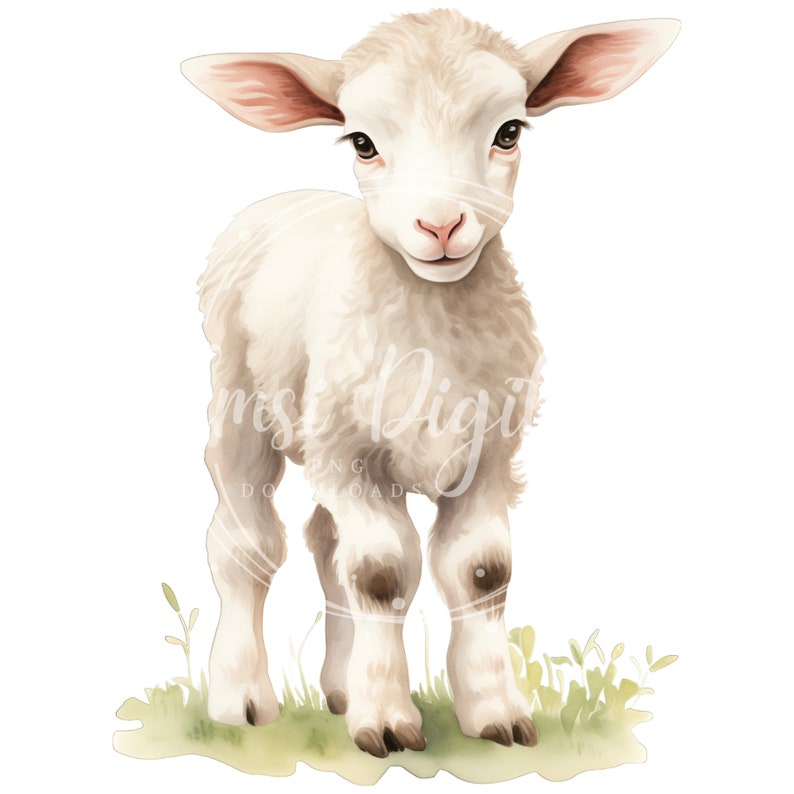 May include: A white lamb with brown hooves stands in a field of green grass. The lamb has a fluffy white coat and a sweet expression on its face.