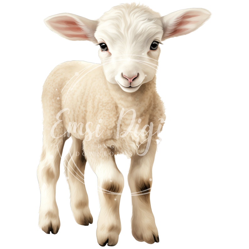 May include: A white lamb with brown hooves stands on a white background. The lamb has a fluffy white coat and large, dark eyes. It is looking directly at the camera with a curious expression.