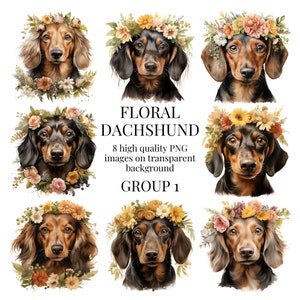 Blumen Dackel Clipart | Transparentes PNG | Aquarell Hund Illustration | Kunsthandwerk, Designs, Papier Basteln, Dackel | Digitaler Download