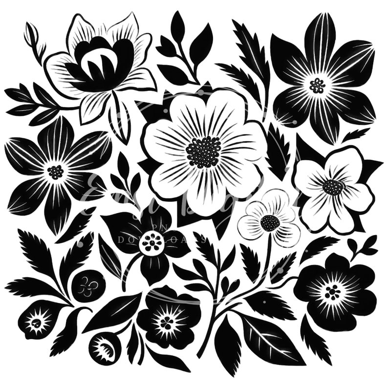 May include: Black and white floral illustration featuring a variety of flowers and leaves. The flowers are stylized and have a bold, graphic look.