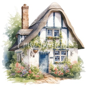 May include: Watercolor illustration of a charming cottage with a thatched roof, brick chimney, and blue door. The cottage is surrounded by colorful flowers and greenery, with the text "Cmci Dads" visible.