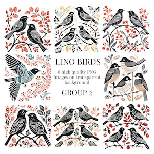 Lino print vogels clipart | Transparante PNG | Hoogwaardige aquarelillustratie | Doe-het-zelf-papierknutsels, kaarten maken | Direct digitaal downloaden