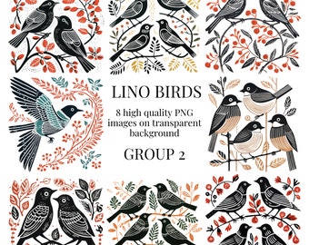 Lino Print Birds Clipart | Transparent PNG | High-Quality Watercolor Illustration | DIY Paper Crafts, Card Making | Instant Digital Download