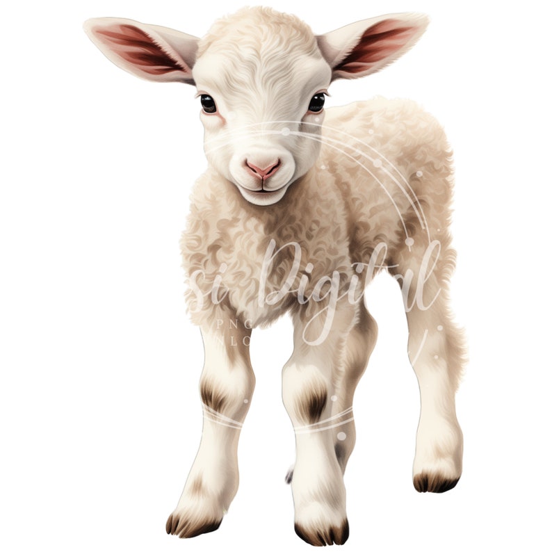 May include: A white lamb with a fluffy coat of wool stands on a white background. The lamb has a sweet expression on its face and is looking directly at the viewer.