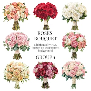 Bouquet de roses Clipart | PNG transparents | Illustration aquarelle de haute qualité | Mariages DIY, création florale | Téléchargement numérique instantané
