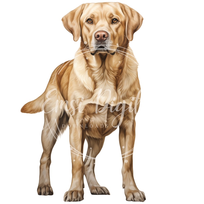 K&ouml;nnte beinhalten: Ein goldfarbener Labrador Retriever steht mit seinen Vorderpfoten leicht nach vorne. Der Hund hat ein hellbraunes Fell und eine wei&szlig;e Brust.