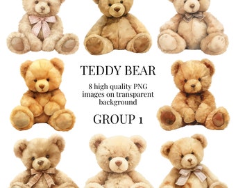 Teddy Bear Clipart | High-Quality Transparent PNG | Watercolor Illustration | Card Making Crafts Commercial Use | Instant Digital Download