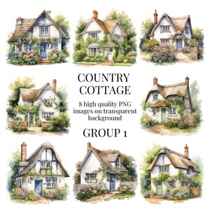 May include: Watercolor illustrations of country cottages. The image features eight different cottage designs, each with unique architectural details, surrounded by lush greenery and flowers. The text "COUNTRY COTTAGE" and "GROUP 1" is included.