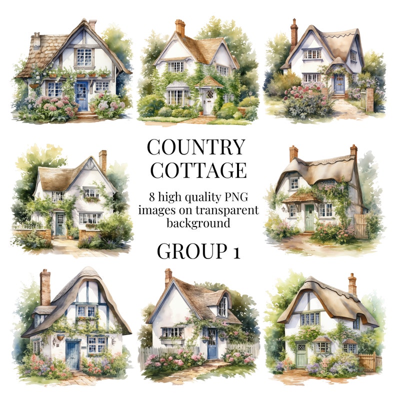 May include: Watercolor illustrations of country cottages. The image features eight different cottage designs, each with unique architectural details, surrounded by lush greenery and flowers. The text "COUNTRY COTTAGE" and "GROUP 1" is included.