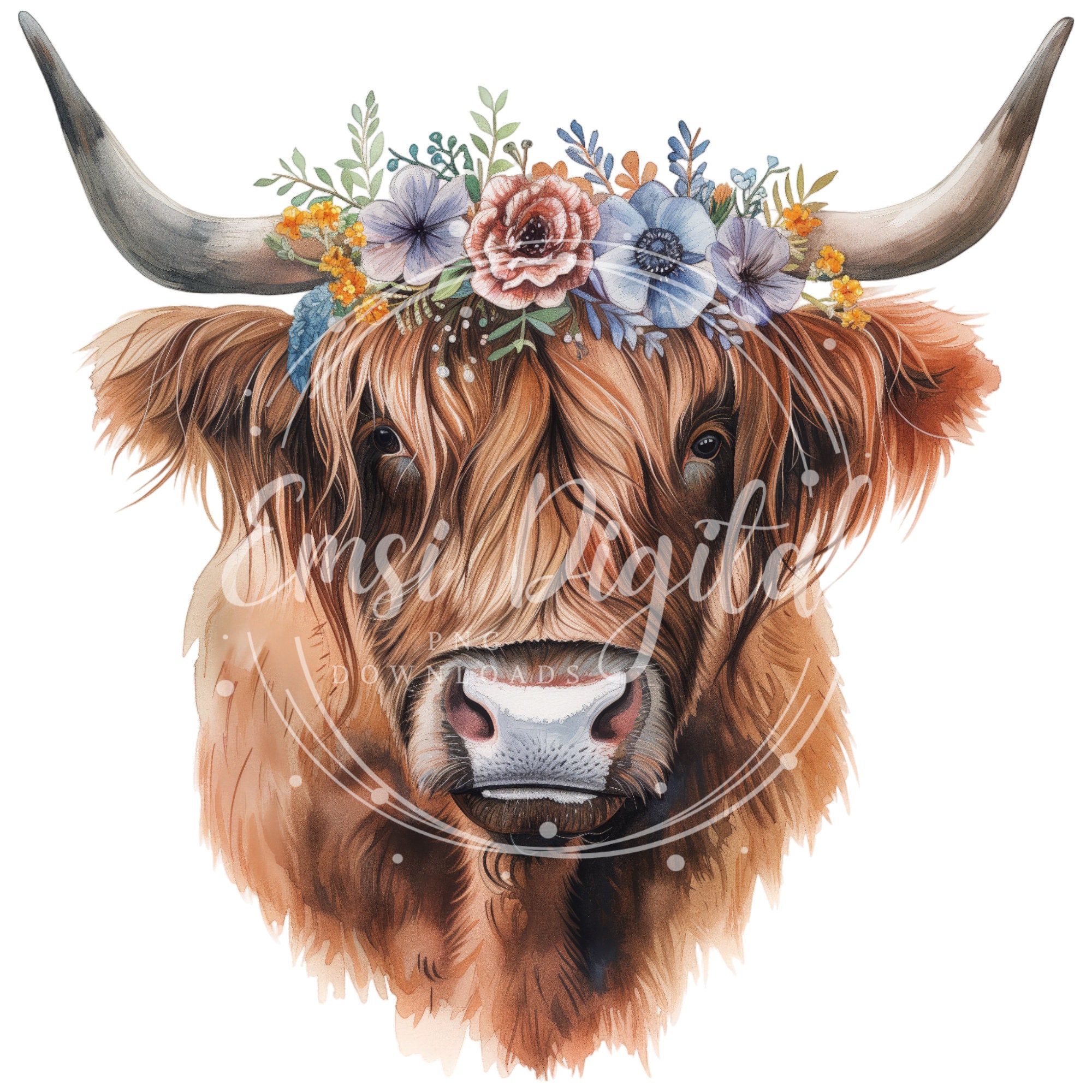 Floral Highland Cow Clipart | High-quality Transparent PNG | Watercolor ...